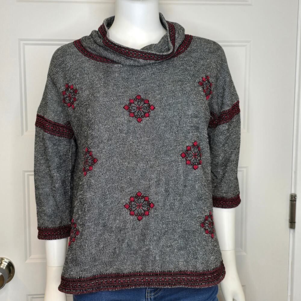 Lucky Lotus Gray Embroidered Boho Tunic Top 100% Cotton Women’s M